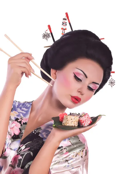 The Japanese diet consists of eating small portions of food with chopsticks. 